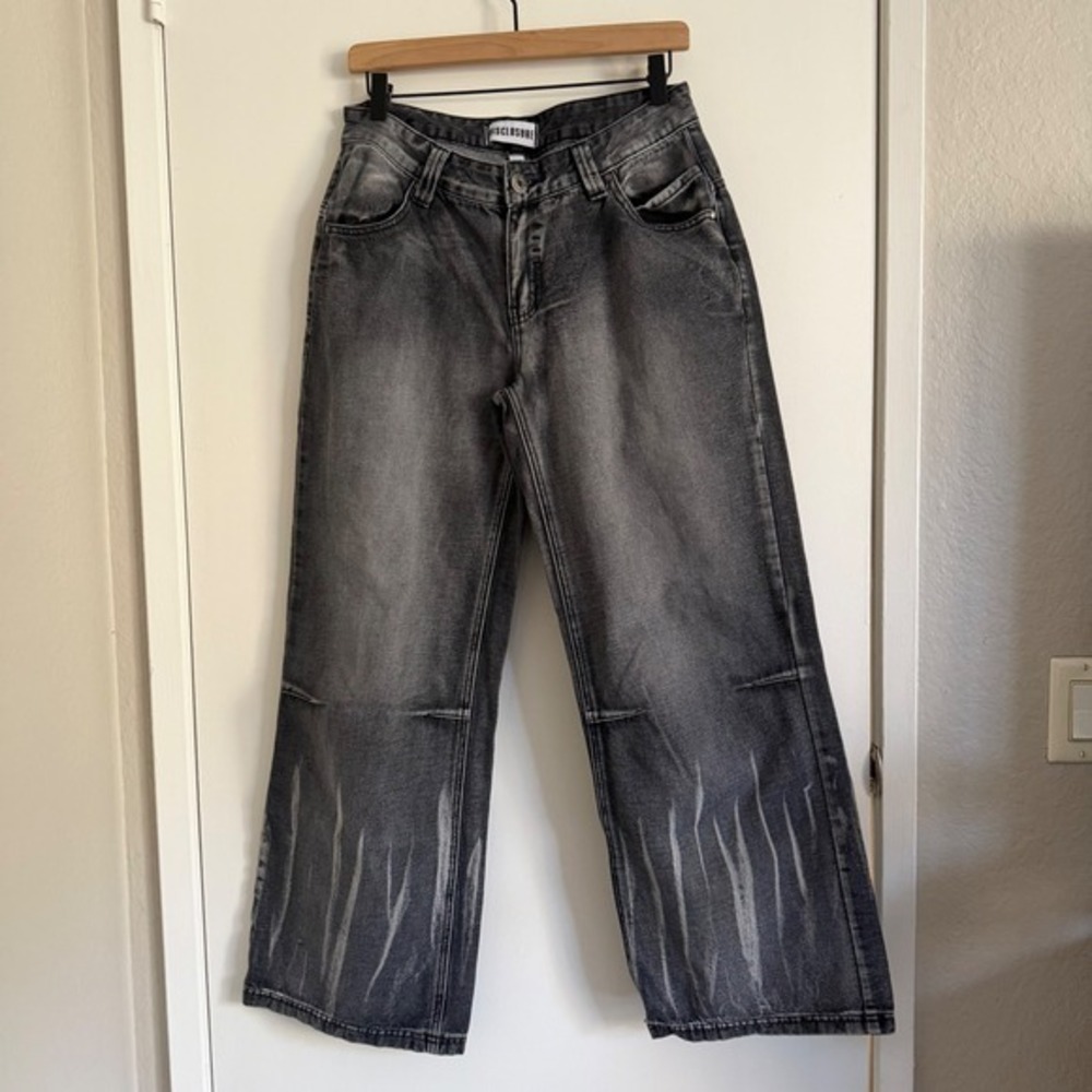 Disclosure Jeans Black Acid Wash White Angel Wings Y2K 2000s Baggy Streetwear